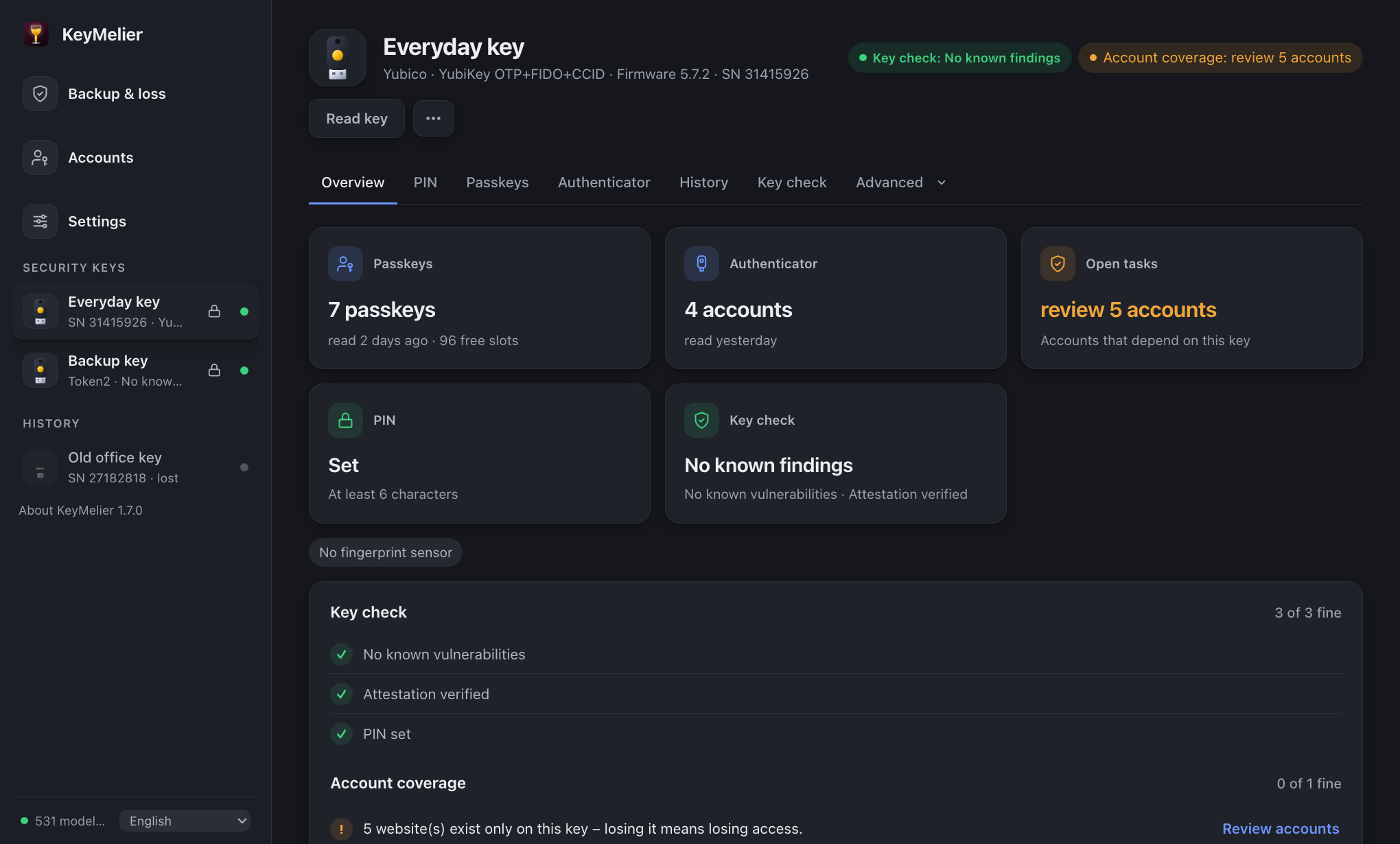 KeyMelier showing security keys, passkeys, security checks and missing-backup guidance