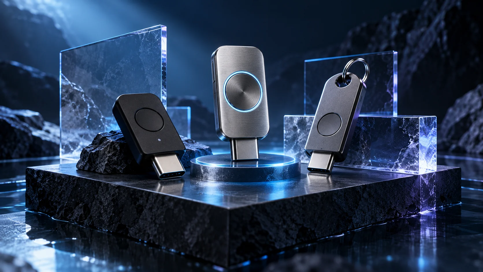 Three hardware security keys illuminated in blue on a dark display plinth.