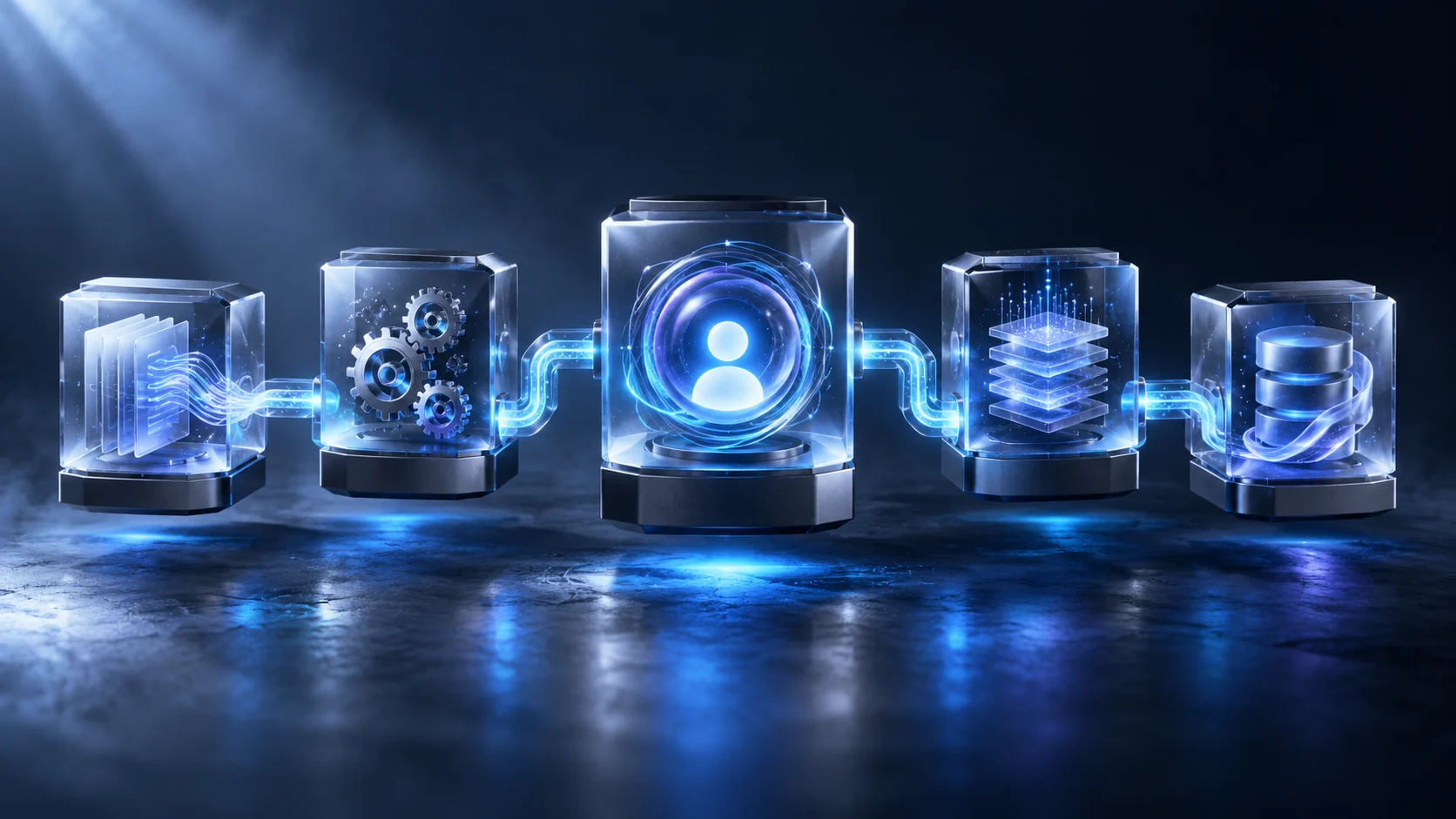 A central identity module powers a branching workflow of connected glass and metal blocks.