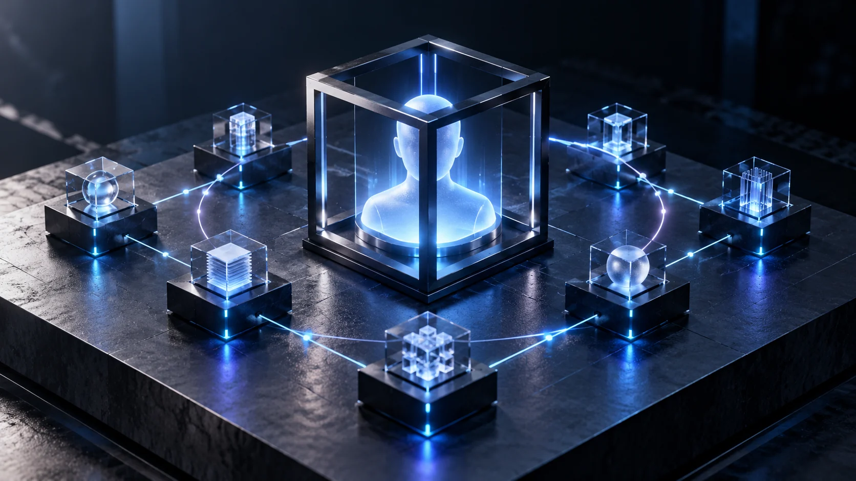 A luminous identity core surrounded by a precise grid of security test modules.